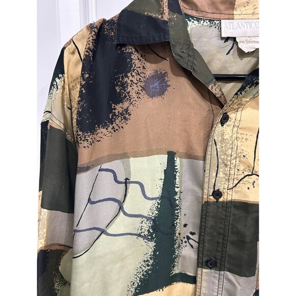 Atlantic Club Abstract Button Down Shirt Brown Black Long Sleeve Art To Wear - Picture 4 of 9
